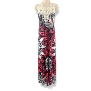 Abstract Print Pink Black Crocheted Neckline Maxi Dress Size‎ 3X 22 24 Plus Size